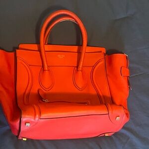 Celine Red Leather Satchel with Top Handles